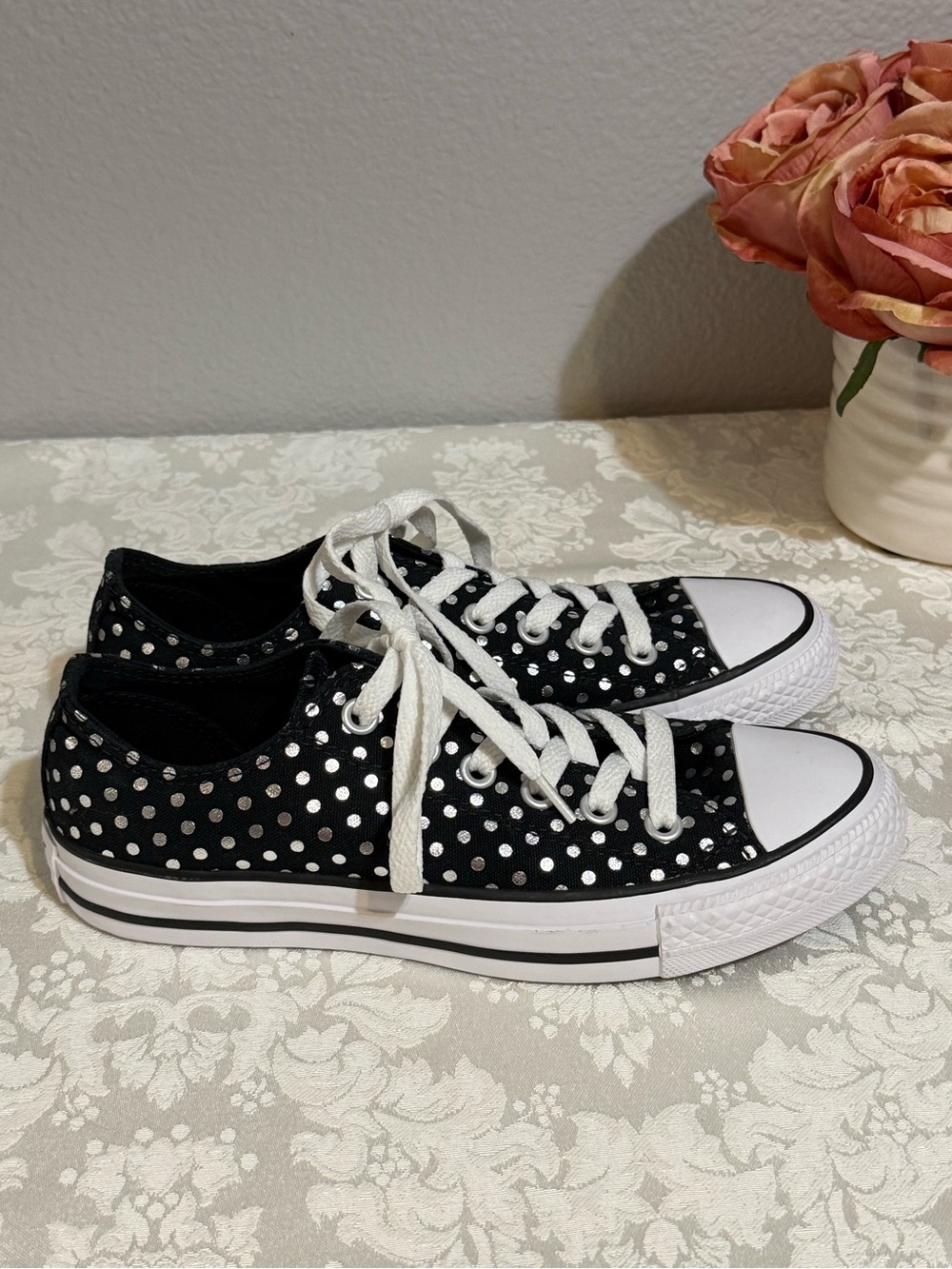 Converse All Star Polka Dot Metallic Women’s 7 Black Silver New Punk